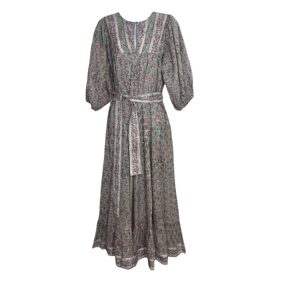 Marea Boho Floral Country Maxi Dress Peasant Garden Green Pink Women Sz 1 Small - Picture 1 of 11